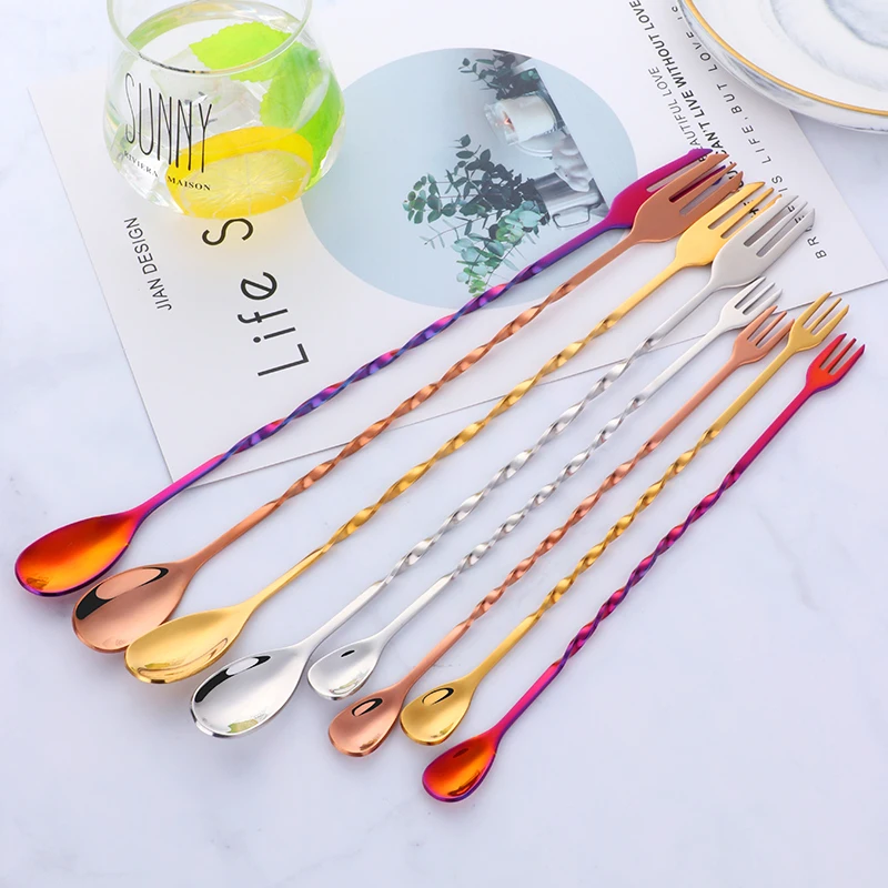 Stainless Steel cocktail spoon stirrers spiral pattern with muddler for bartender