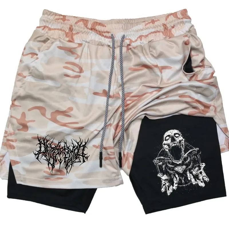 Y2K Performance Men Quick-drying Fitness Skull Print Double Layer Shorts Workout Training Running Bodybuilding work short pants 2