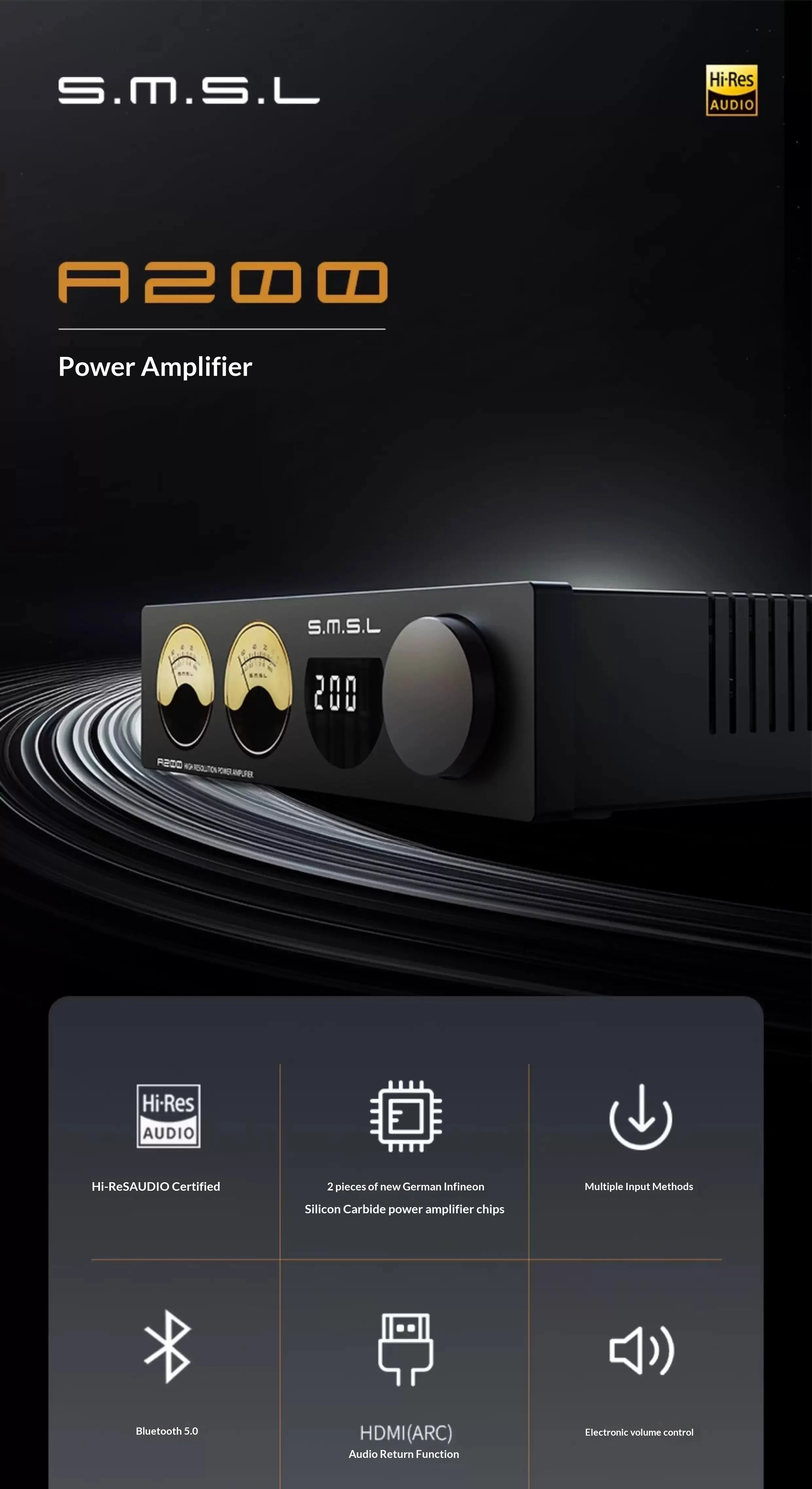 SMSL A200 가족용 비용 절감형 헤드폰 앰프 BT USB HDMI(ARC) 광섬유 동축 라인 입력 오디오 앰프 사용
