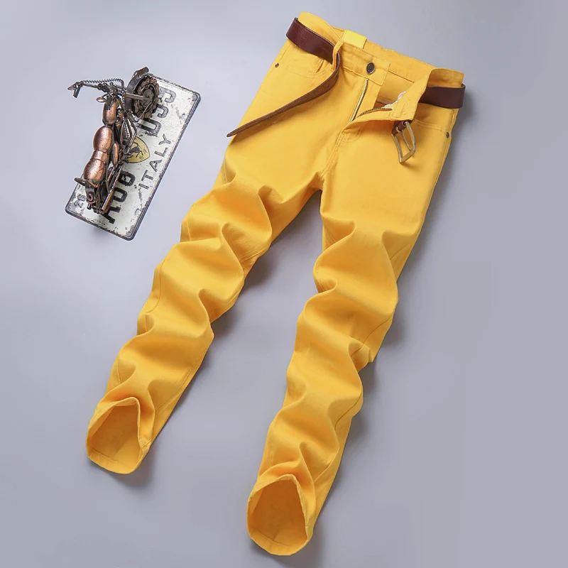 New Autumn Men's Yellow Pink Red Slim Jeans Classic Straight Elasticity Denim Pants Male Brand Stretch Skinny Colorful Trousers 4