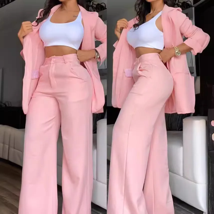 Women's Elegance Solid Color Open Sleeve Lapel Suit with Pocket Straight Trouser Suit