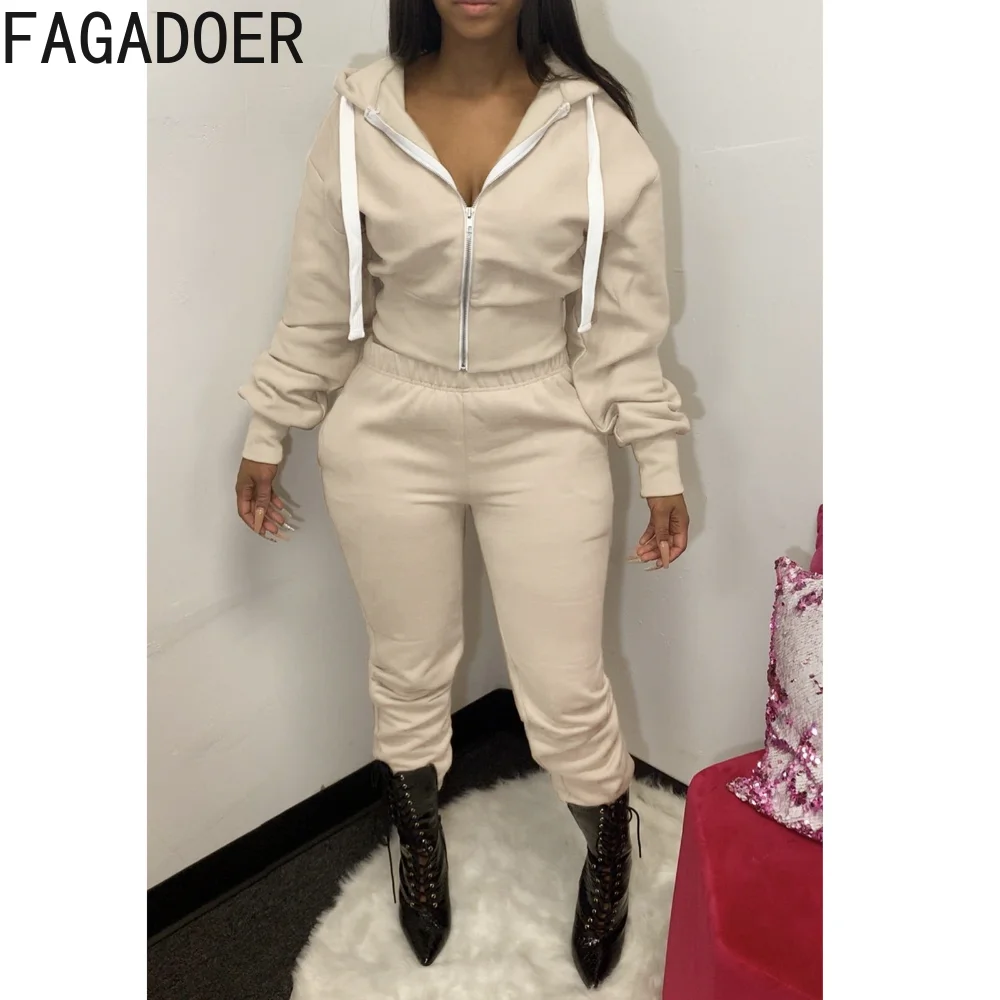FAGADOER Fall Winter Hooded Two Piece Sets Women Zipper Long Sleeve Coat And Jogger Pants Tracksuits Female Casual Sport Outfits