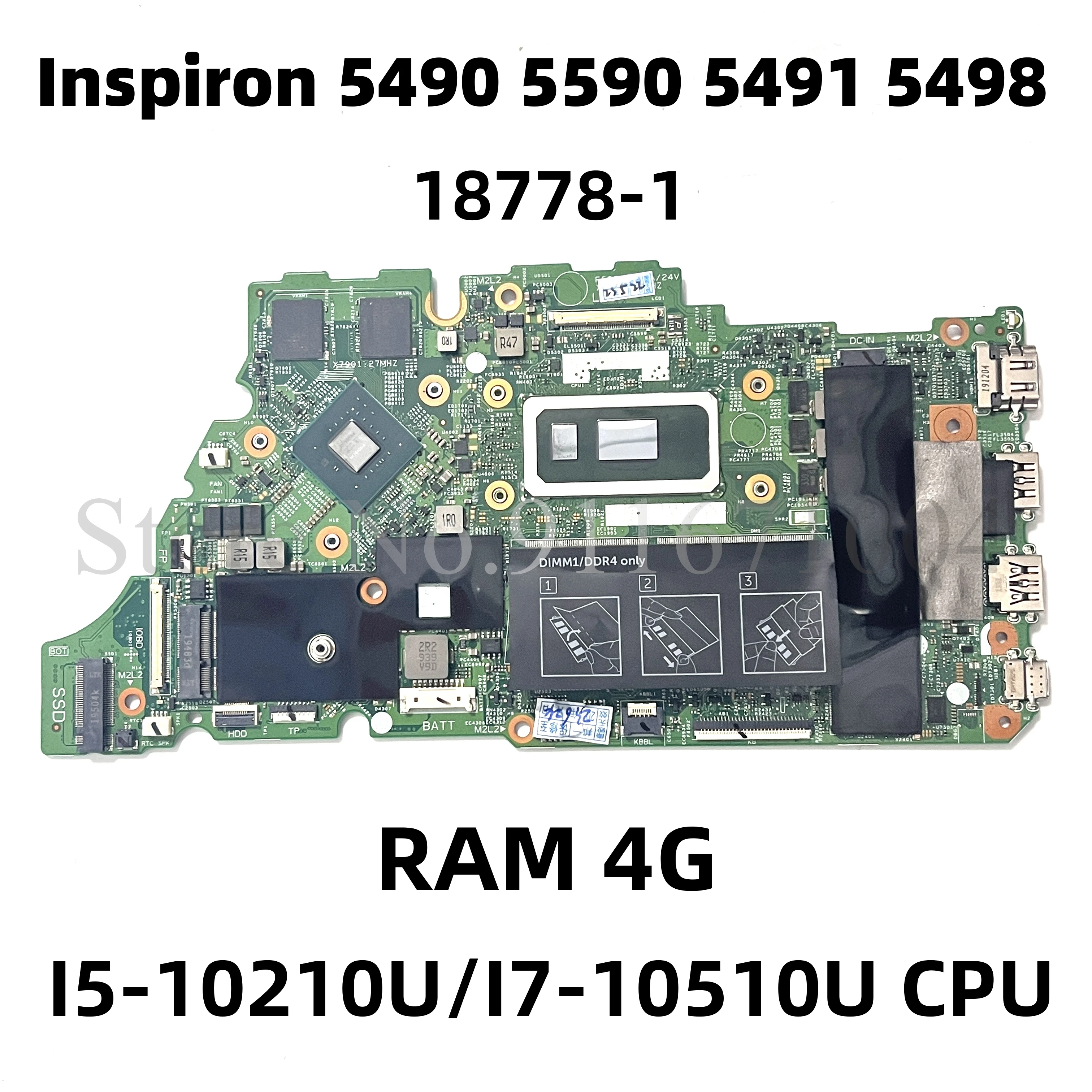 

Материнская плата 18778-1 для ноутбука Dell Inspiron 5490, 5590, 5491, 5498, материнская плата с фотоэлементами/I7-10510U, процессор RAM, 4G, 100%, протестированная работа