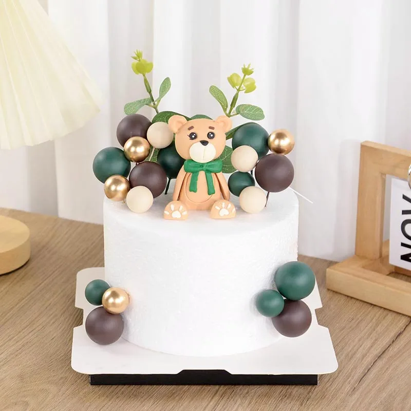 

28Pcs/set Teddy Bear Cake Toppers With Eucalyptus Leaves For Kids 1st Birthdaty Party Decoration Baby Shower Supplies
