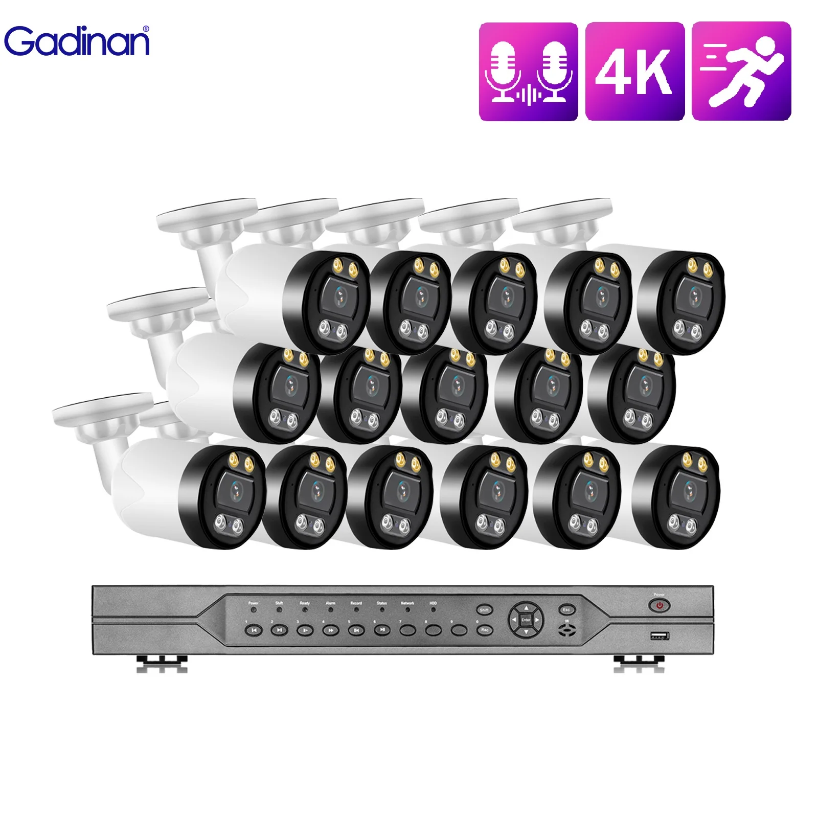 Gadinan 16CH 8MP 4K 울트라 HD IP 카메라 실시간 양방향 오디오 실외 네트워크 비디오 감시 세트 모션 감지 모니터