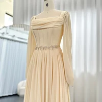 SCZ136 Dubai Beige Short Midi Arabic Evening Dress with Belt Long Sleeves Tea Length Women Formal Wedding Party Gowns 2
