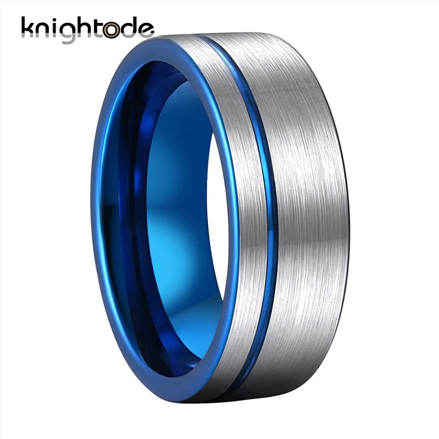 

8mm Blue Tungsten Wedding Band Offset Groove Fashion Men Women Thumb Rings Party Jewelry Gift Silvery Flat Brushed Comfort Fit