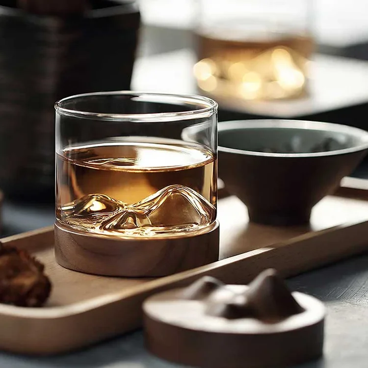 Mountain Whiskey Glass with Wooden Base Creative Heat Resistant Beer Glass Wine Water Tea Transparent Cup Bar Drinkware