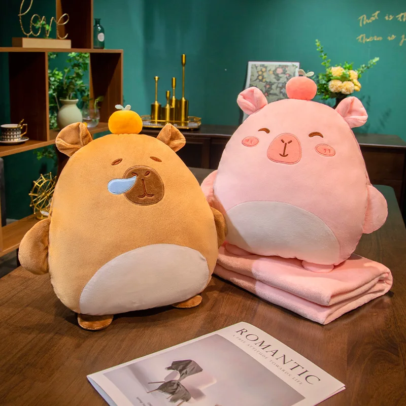 40x40cm Kawaii Capybara Plush Pillow with Holes with Blanket Warm Hands Brown Orange Duck Pink Apple Cushion Plushie Decor Gift 5