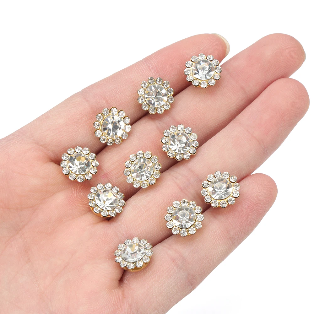 10Pcs 14MM Flower-shaped Rhinestone Buttons Sparkling Steel Bottom Crystal Glass Stone DIY Craft Apparel Sewing Clothes Decor