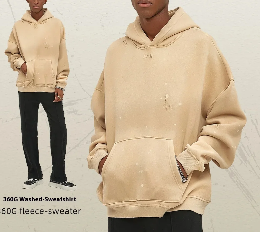 Splashed Ink Vintage Hoodies Männer Schwergewicht Streetwear Zerfetzte Kanten Übergroße Tropfen Schulter Herbst Winter Fleece Gefüttert Neue 2025 – Detail 8