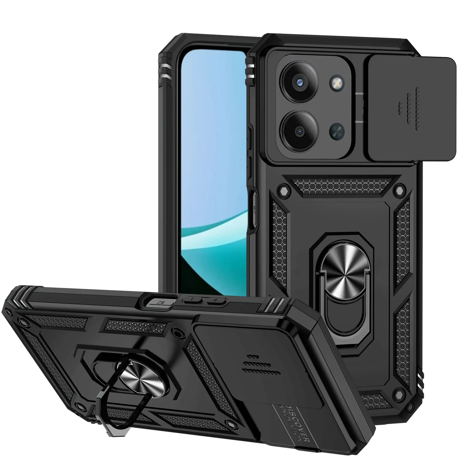 Rugged Military Armor Case with Sliding Window & Metal Ring Holder