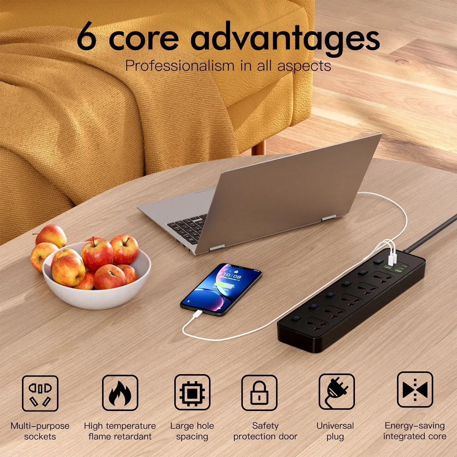 Universal Power Strip Extension with USB-C Port and Surge Protection