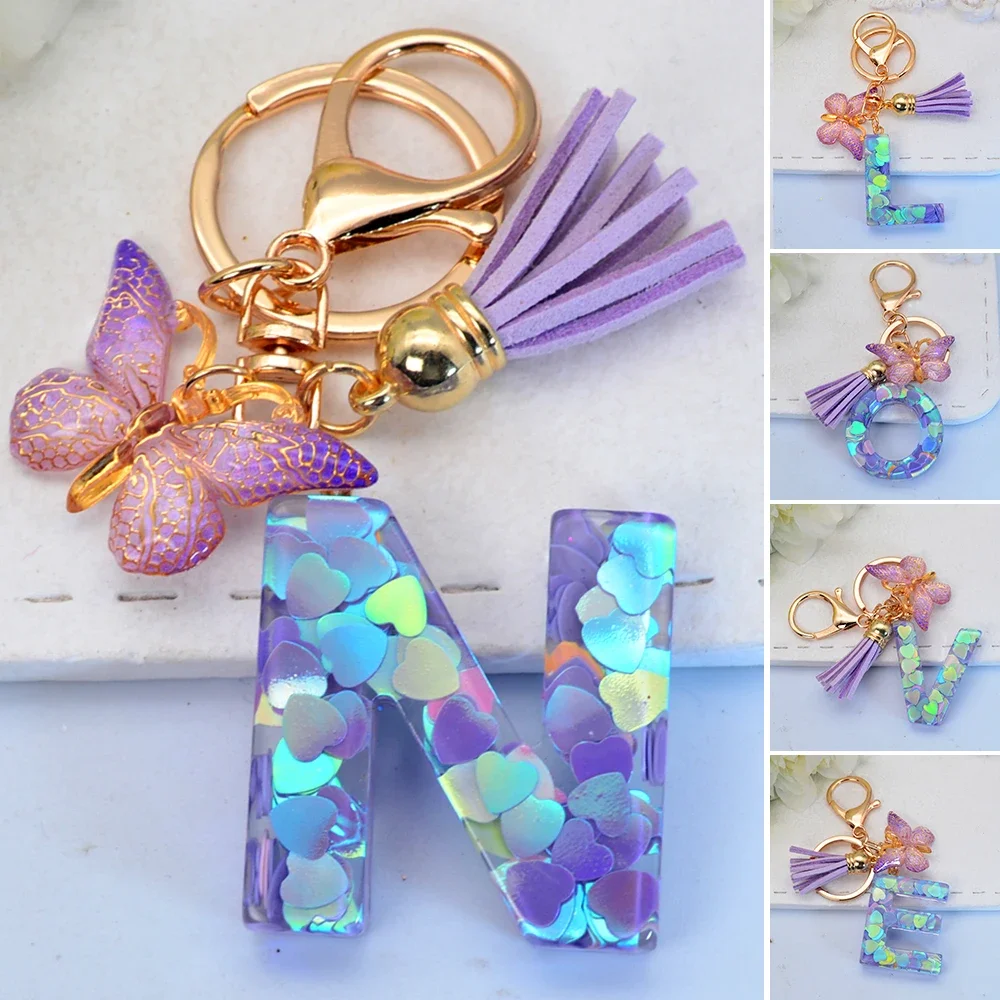 Fashion 26 Initial A to Z Letter Blue Shiny Resin Keychain