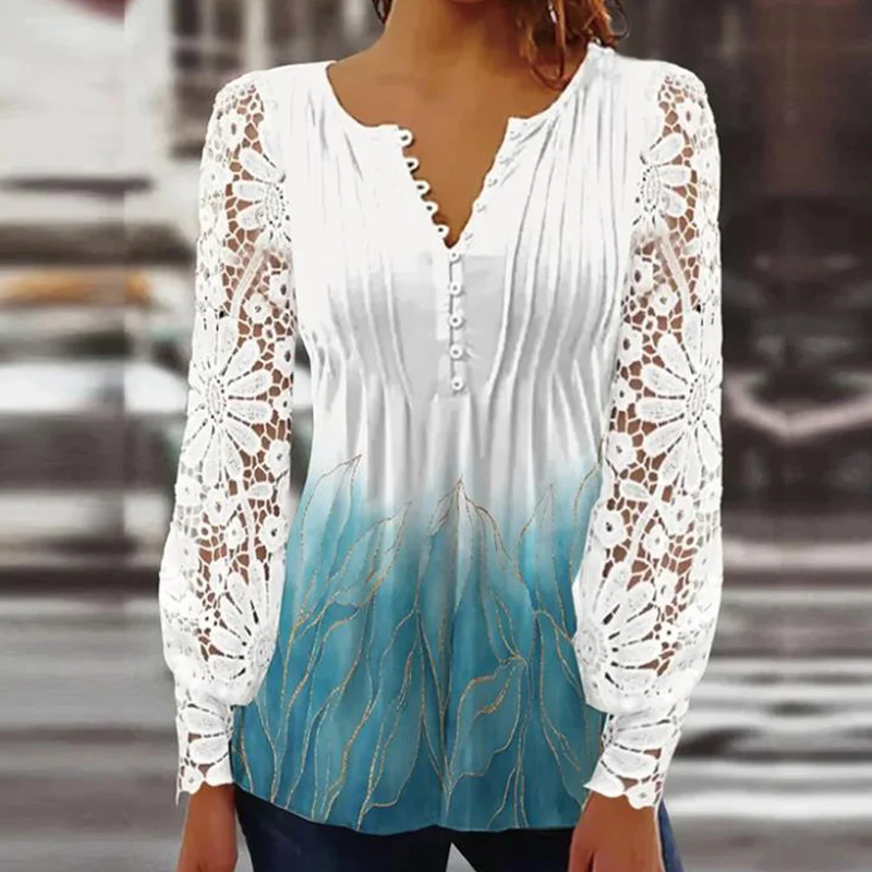 

Autumn Elegant Aesthetic Chic Shirt Women Flowy Artistic Exotic V Neck Long Lantern Sleeve Hook Flower Hollow Slim Casual Top