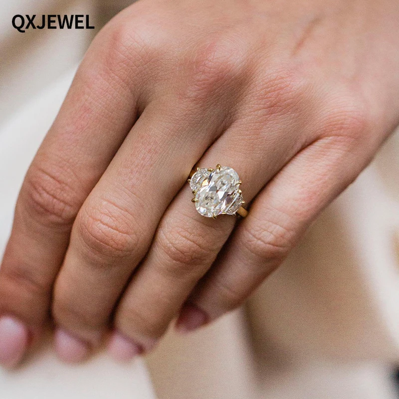

QXJEWEL Moissanite Ring 5.5 Carat 13x8mm Old Mine Oval Cut With Two Mid-Sized Half Moon Side Stones Low Sitting 14k Yellow Gold