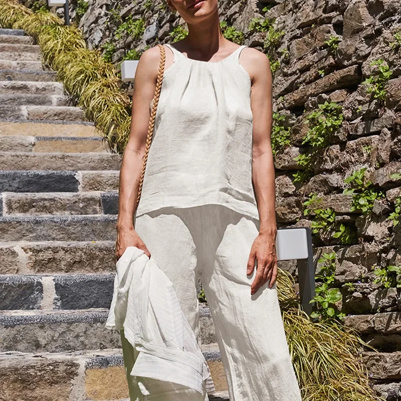 

Retro French 100% Linen Women Summer Newly Fashion Crop Top Vest Casual Streetwear Sexy Sleeveless Off-Shoulder Female Clothes