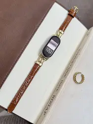 Elegant Leather Watch Strap - Slim Genuine Leather Band Bracelet Wristband in Classic Style - Mi band 8 9 10 (Brown Gold)