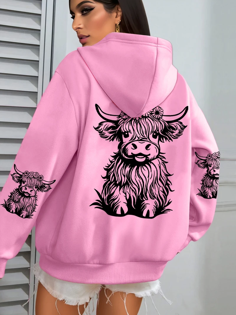 Sweat à capuche imprimé de dessin animé de vache pour femme, mignon, polaire, Streetwear d'automne, confortable et décontracté, avec poche Y2K, assorti avec tout