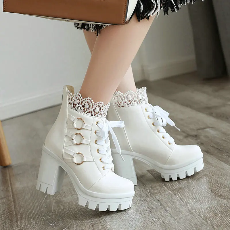 Women Platform Ankle Boots Fashion Round Toe Lace Up Chunky High Heel Ladies Motorcycle Boots Winter Warm Fur Snow Boots 33-43