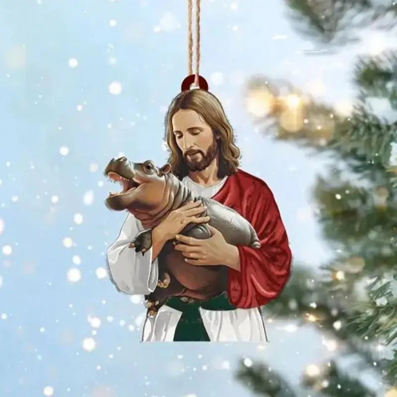 Christmas Jesus Love Moo Deng Keychains Hippopotamus Ornaments 2D Acrylic Decoration Christmas Tree Hangable pendant Keyrings