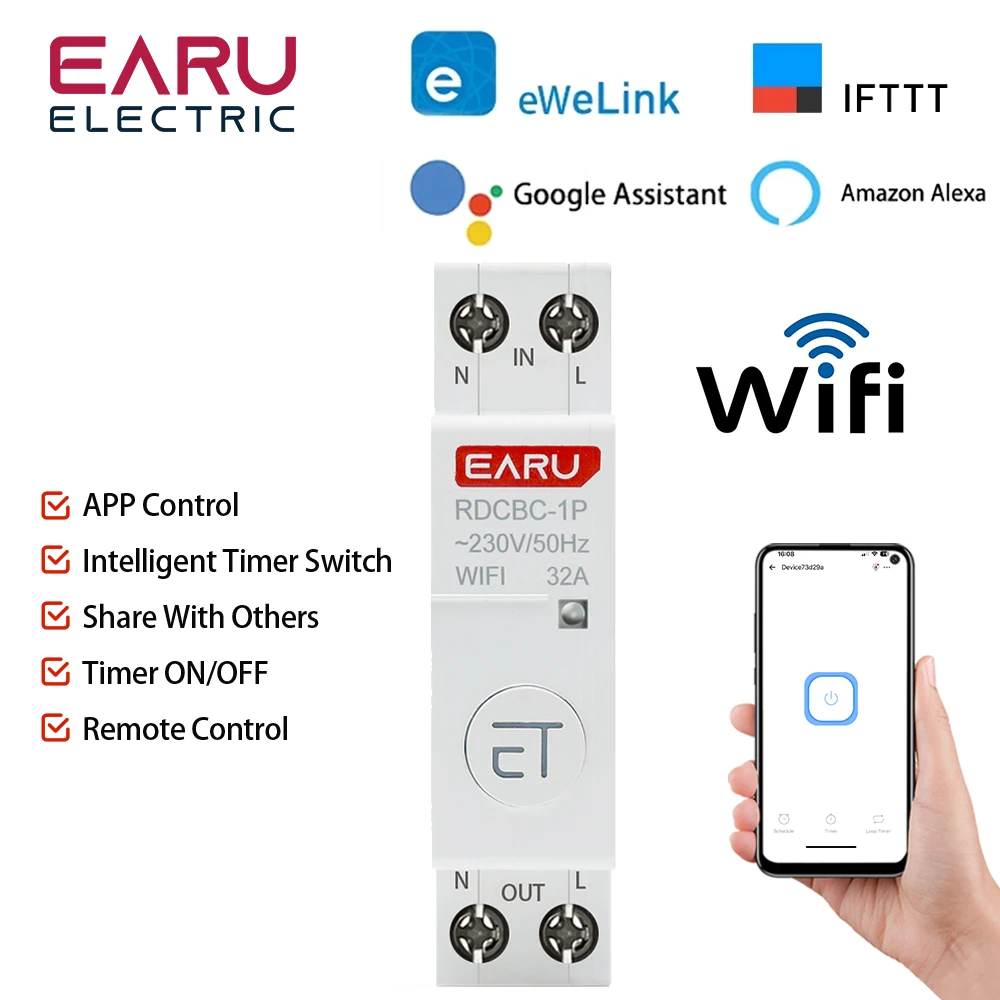 1P+N Din Rail WIFI Circuit Breaker Smart Timer Switch Relay Remote Control By e