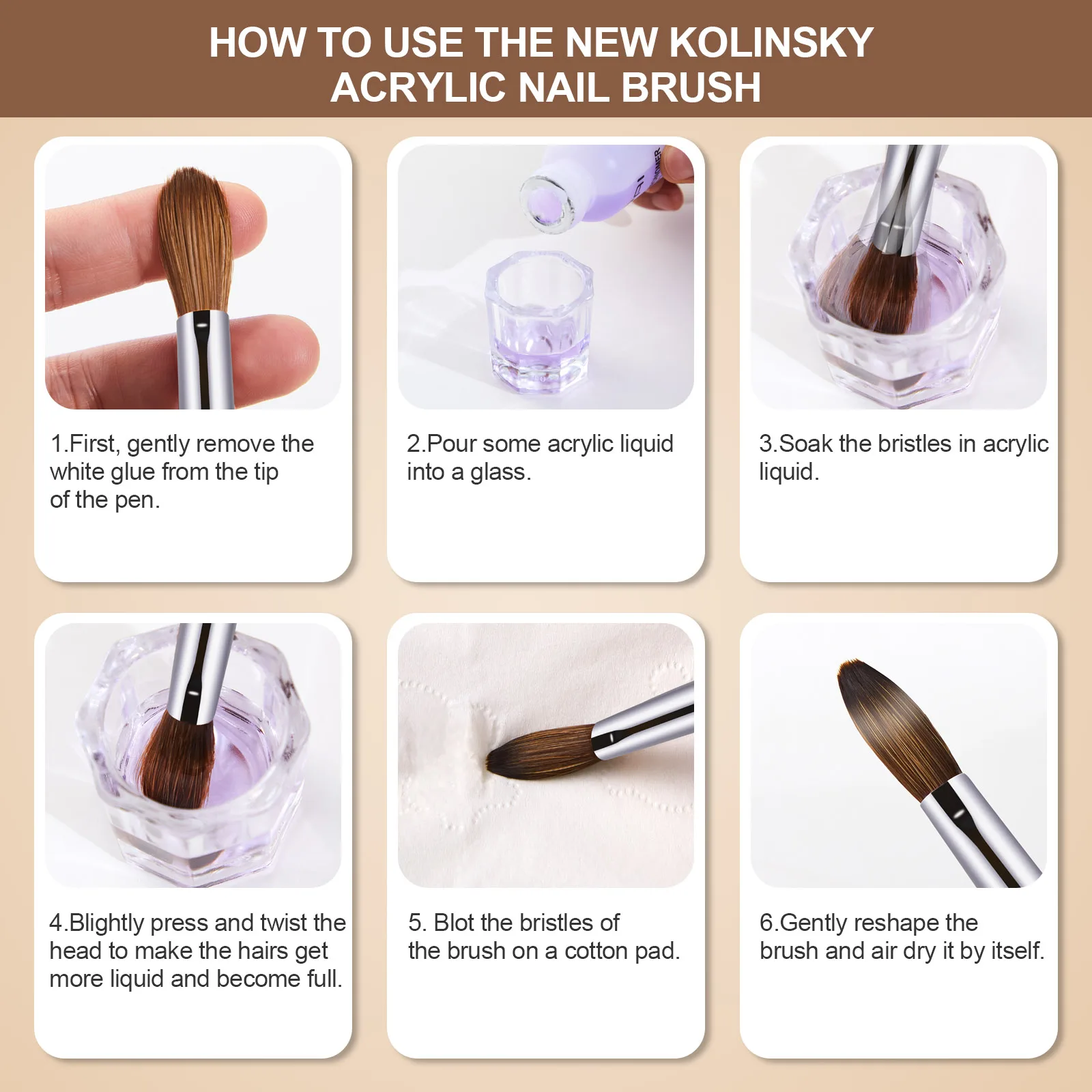 100% Pure Kolinsky Nail Brush Silver UV Gel Polish Nail Art Extension Builder Manicure Nail Pen Painting Drawing Brushes 6