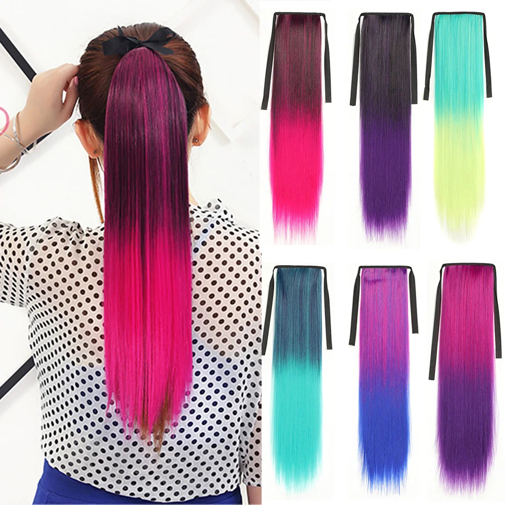 Zolin Synthetic Ponytail Straight Hair Extension Ribbon Drawstring Ponytails Blue Red Ombre Color Hairpiece