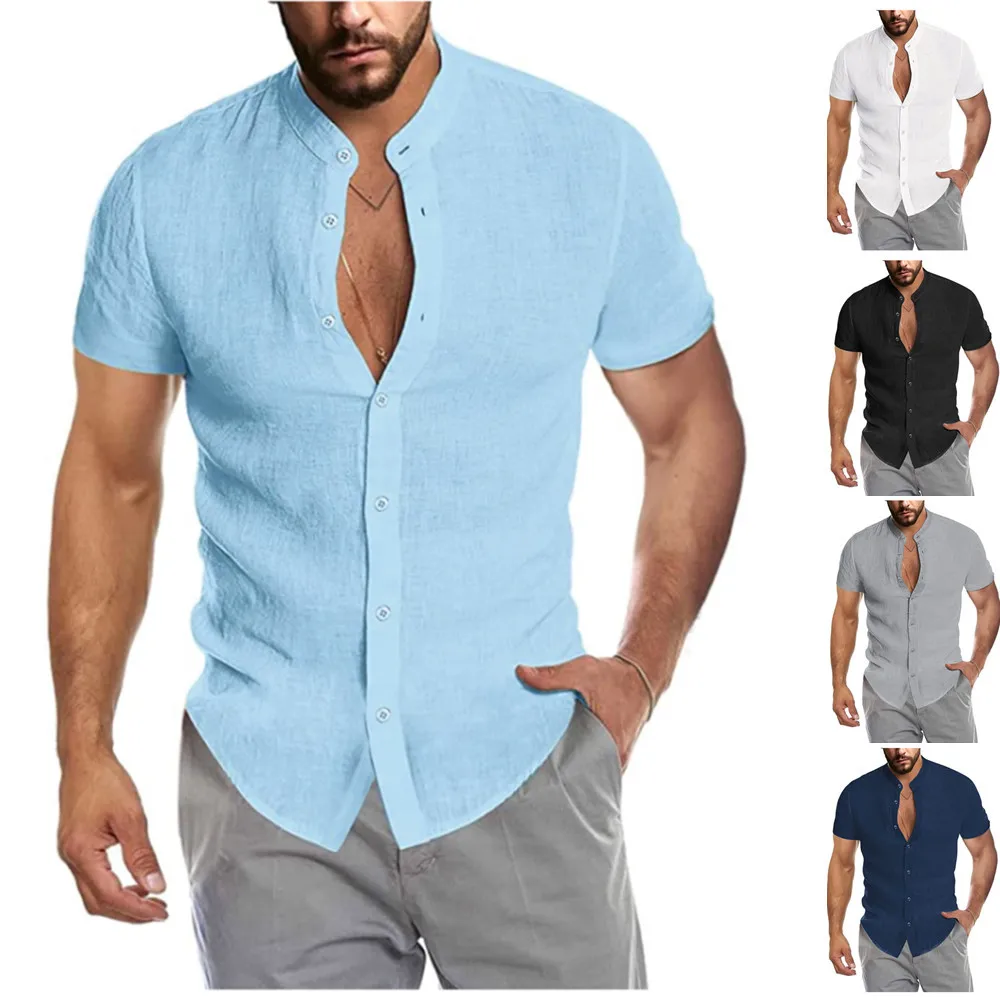 Blue Mens Summer Cotton Casual Dress Shirt Mens Solid Short Sleeve Shirts Tops