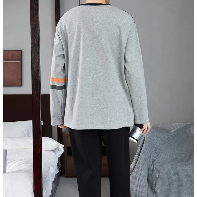 Men New Pajamas Long Sleeve Pure Cotton Pajamas Spring Autumn Pyjamas Casual Cartoon Nightdress Round Neck Loose Home Wear Set