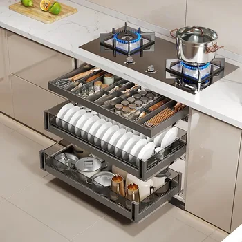 ตะกร้าดึงตู้ครัวสามชั้น, ตะกร้าจานแบบลิ้นชักสองชั้น, วาดอลูมิเนียมอัลลอยด์อวกาศ, บนโต๊ะอาหาร 1