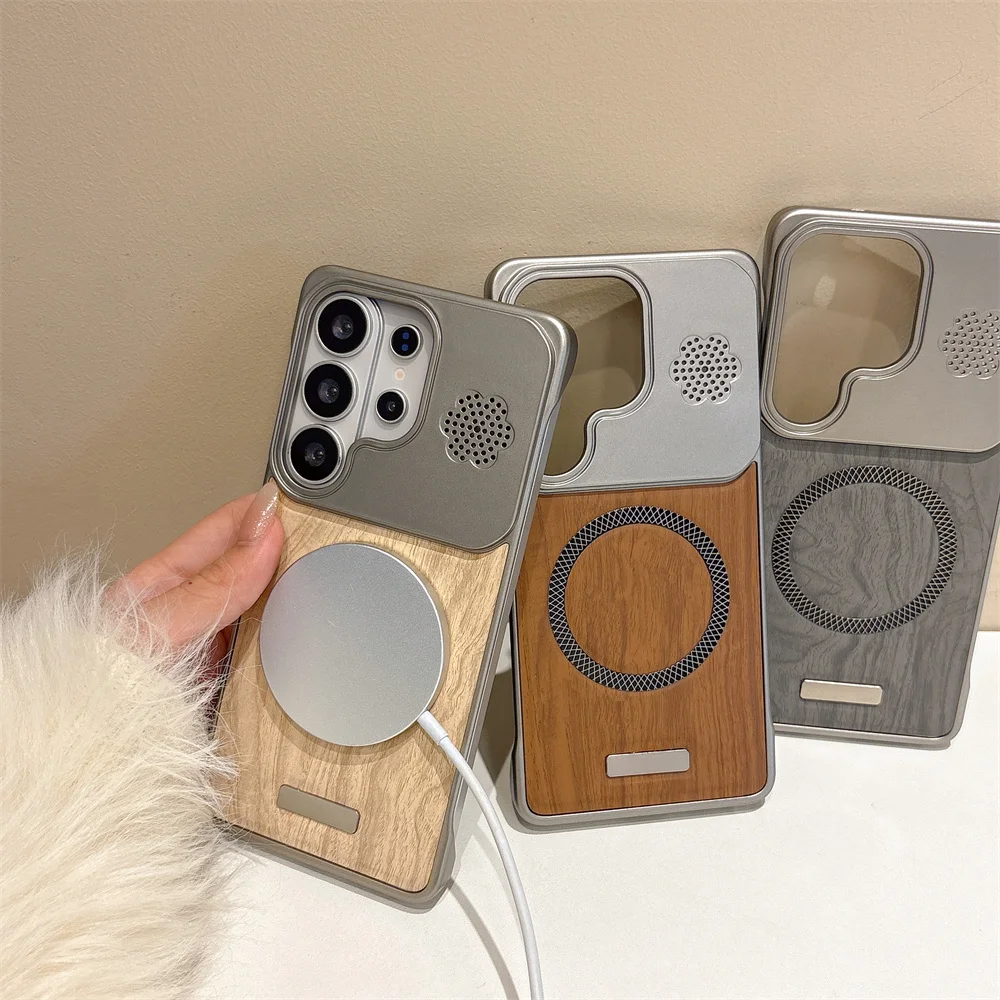 Wood Grain Leather Frameless Magnetic Phone Case with Plating Cover