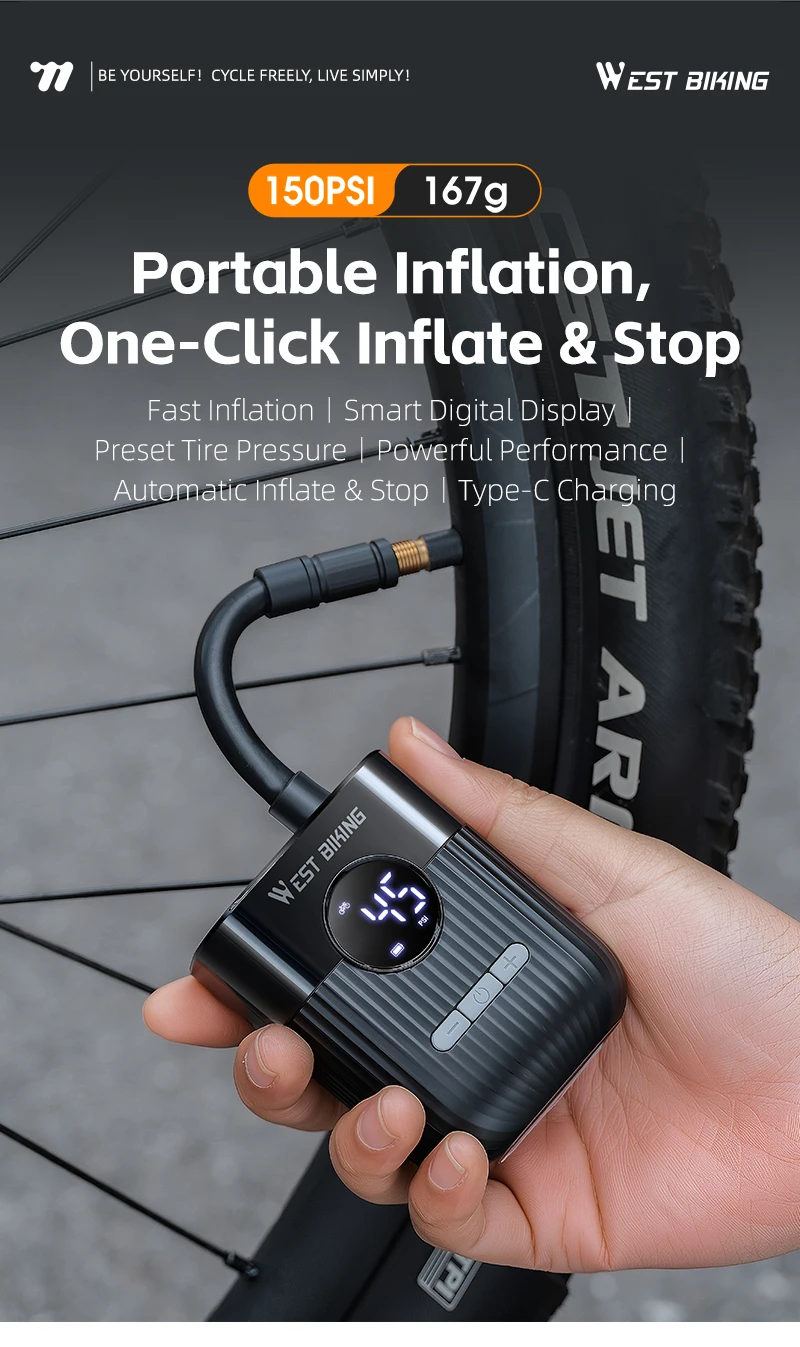 WEST BIKING Mini Elektrische Fahrradpumpe 150PSI Tragbarer Fahrradreifen-Luftpumpe Schrader Presta Cilik Ventil für Rennräder und Mountainbikes – Detail 2