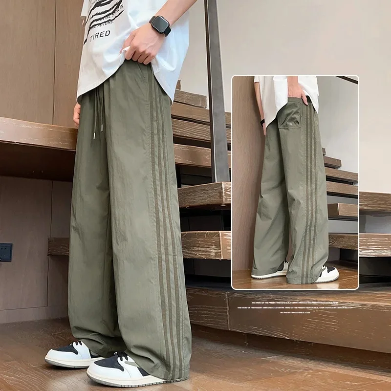 Calças de carga casuais masculinas três barras esportivas finas perna reta solta ajuste verão casual calças compridas moda marca americana