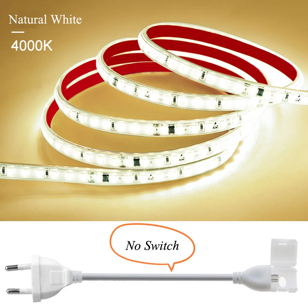 thumbnail image 1 of Tira de luces LED de 120 LED/m, 220 V, flexible y de 10 cm, cortable, con cinta adhesiva 2835, enchufe europeo, para tocador, armario, decoración del hogar, 1 of 5
