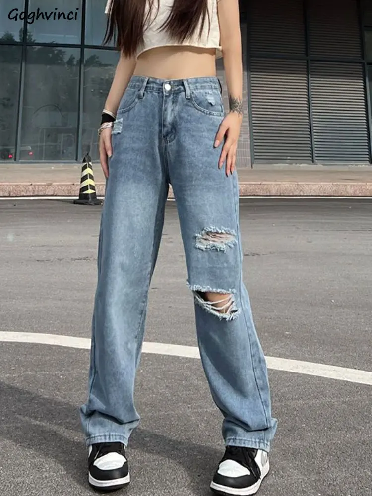 

Denim Jeans Women Straight Ripped Design Loose Casual Harajuku Solid Trousers Minimalist Streetwear Ulzzang Temperament Fashion