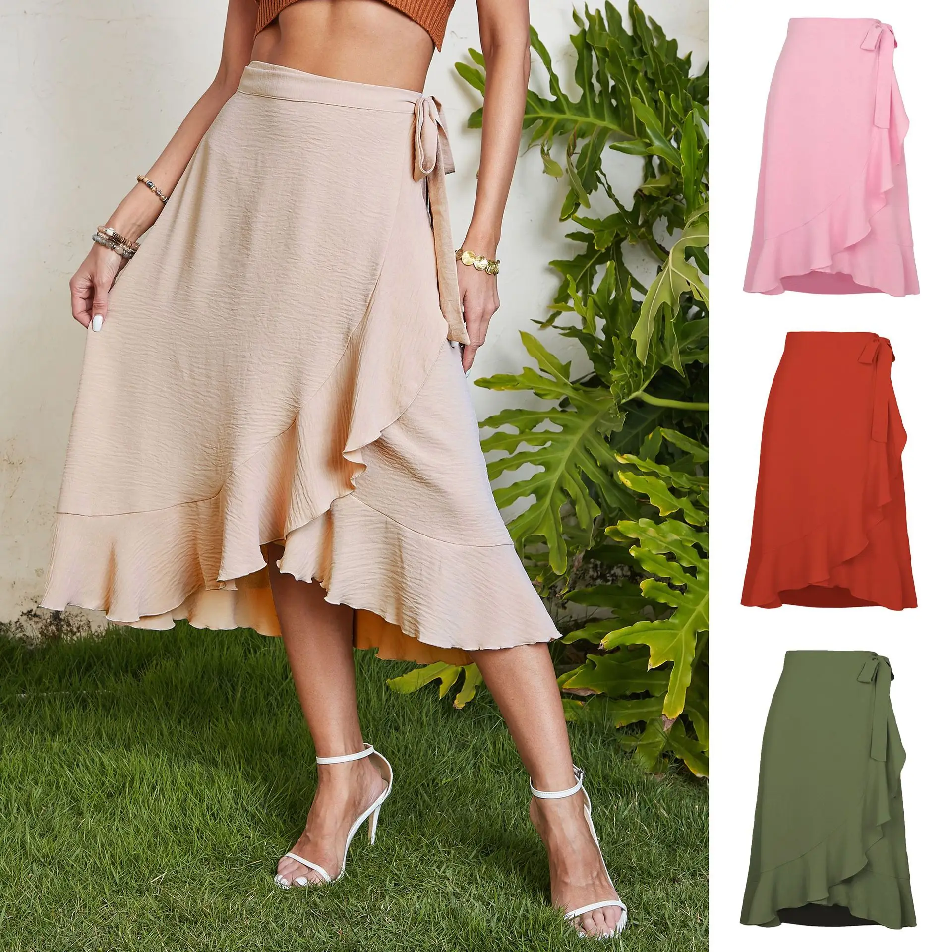 

Skirts Women Sexy Slim Mid Length Skirt Pink Mom Boho Casual Y2k Lace Up Ruffles Irregularity Elegant Splice A Line 2024 Summer
