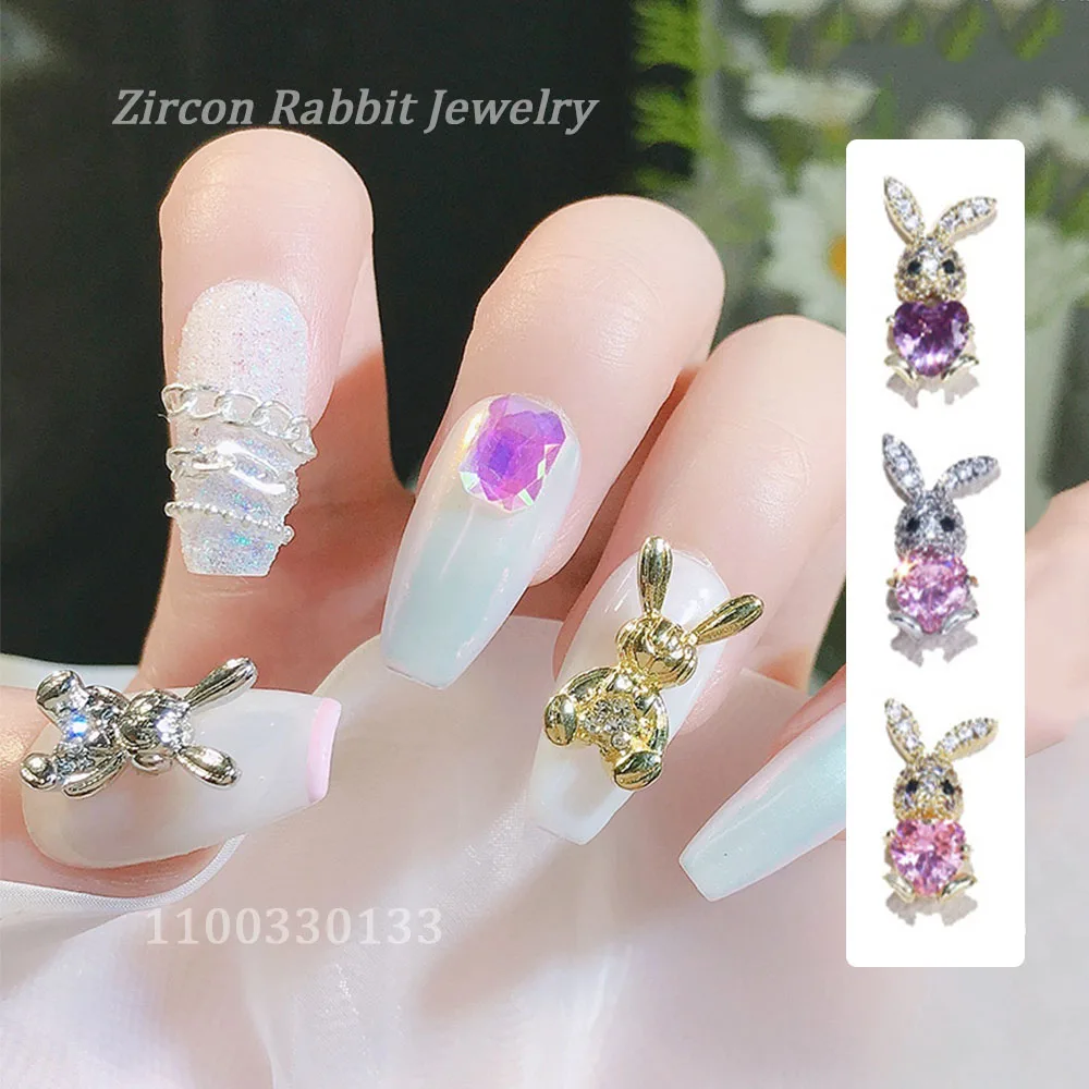 

2023 Year Cartoon Rabbit Heart Nail Jewel Encounter Heart Crystal Child Bunny Rabbit Zircon Inlay Alloy Kawaii Nail Tip Ornament