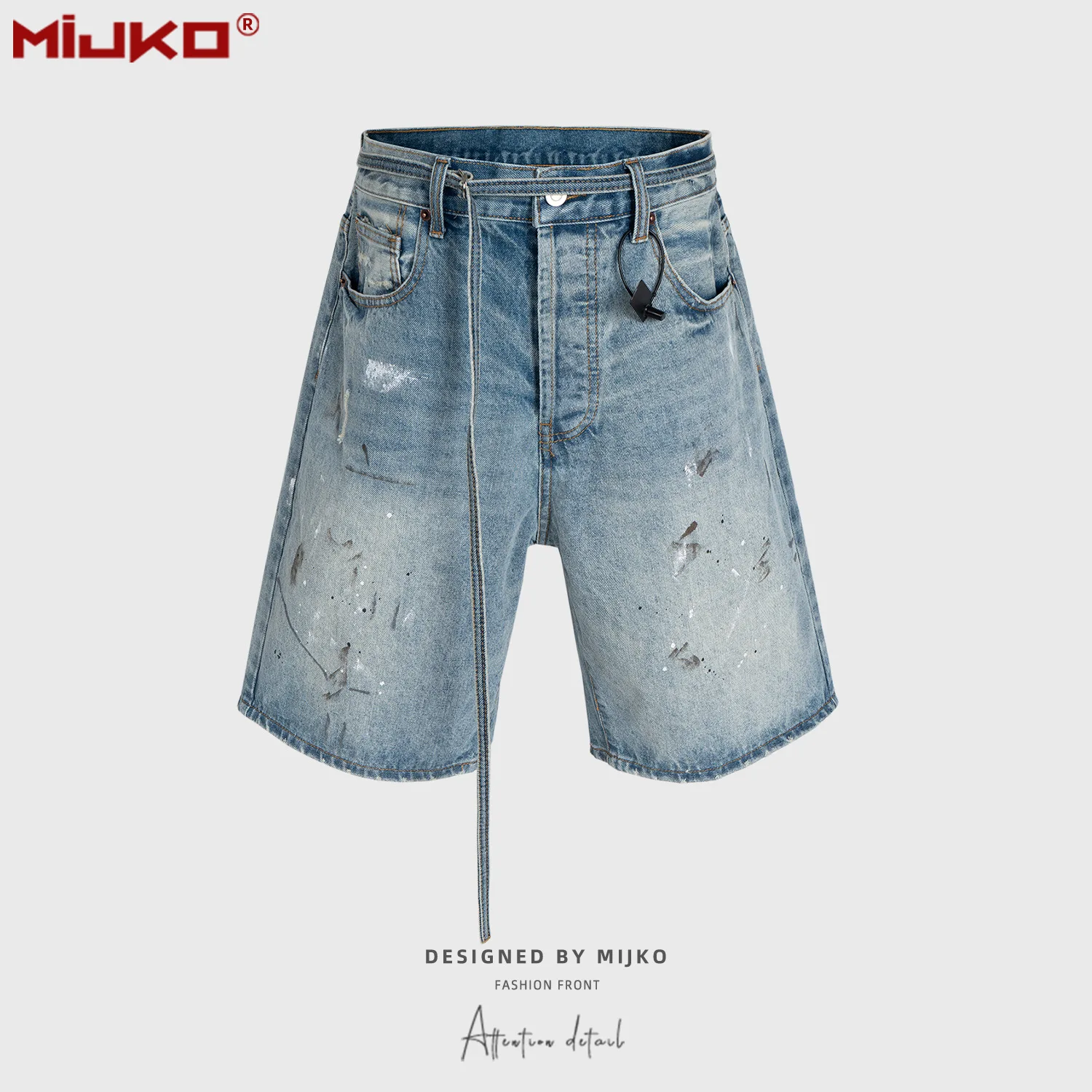MIJKO Blue Shorts Ink Splashed Hand-painted Denim Shorts Men Washed Baggy Knee Length Jeans Pants