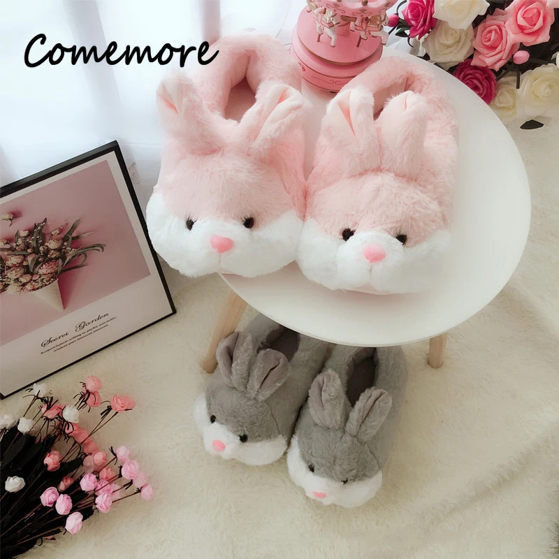 Comemore Women Cute Animal Slippers Girls Rabbit Home Shoes Plus Size 44 Non Slip Flat Autumn Winter Warm Slipper Plush Men