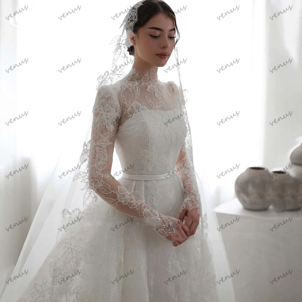 Classic Wedding Dresses Vintage Bridal Gowns Full Sleeves Robes Lace Appliques Sweep Train Graceful Vestidos De Novia Customized 4