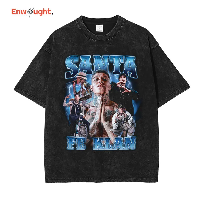

Santa Fe Klan T Shirt Hip Hop Rapper SantaFeKlan Vintage Washed Tops Tees Oversized T-shirt Harajuku Old School Short Sleeve Men