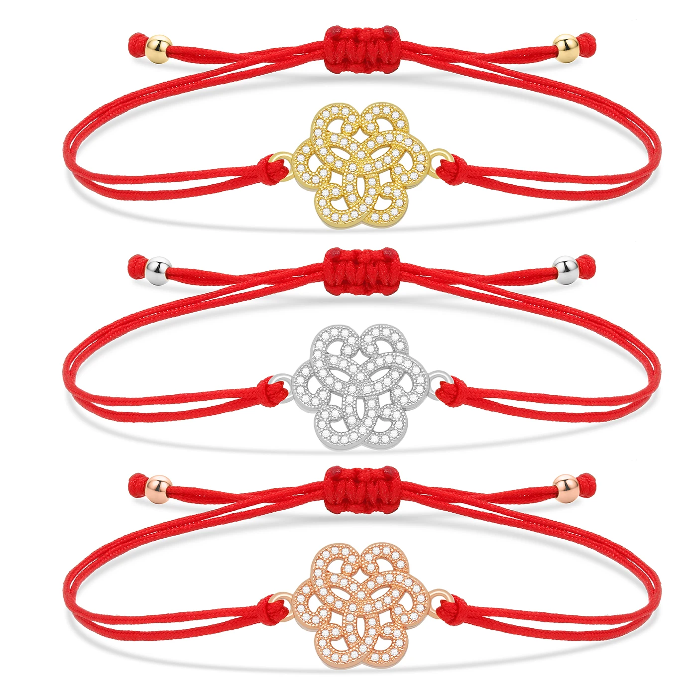 

Женский позолоченный браслет из латуни, с белыми фианитами и подвесками в виде цветка, Ювелирное Украшение с красной нитью из фианита, 2022