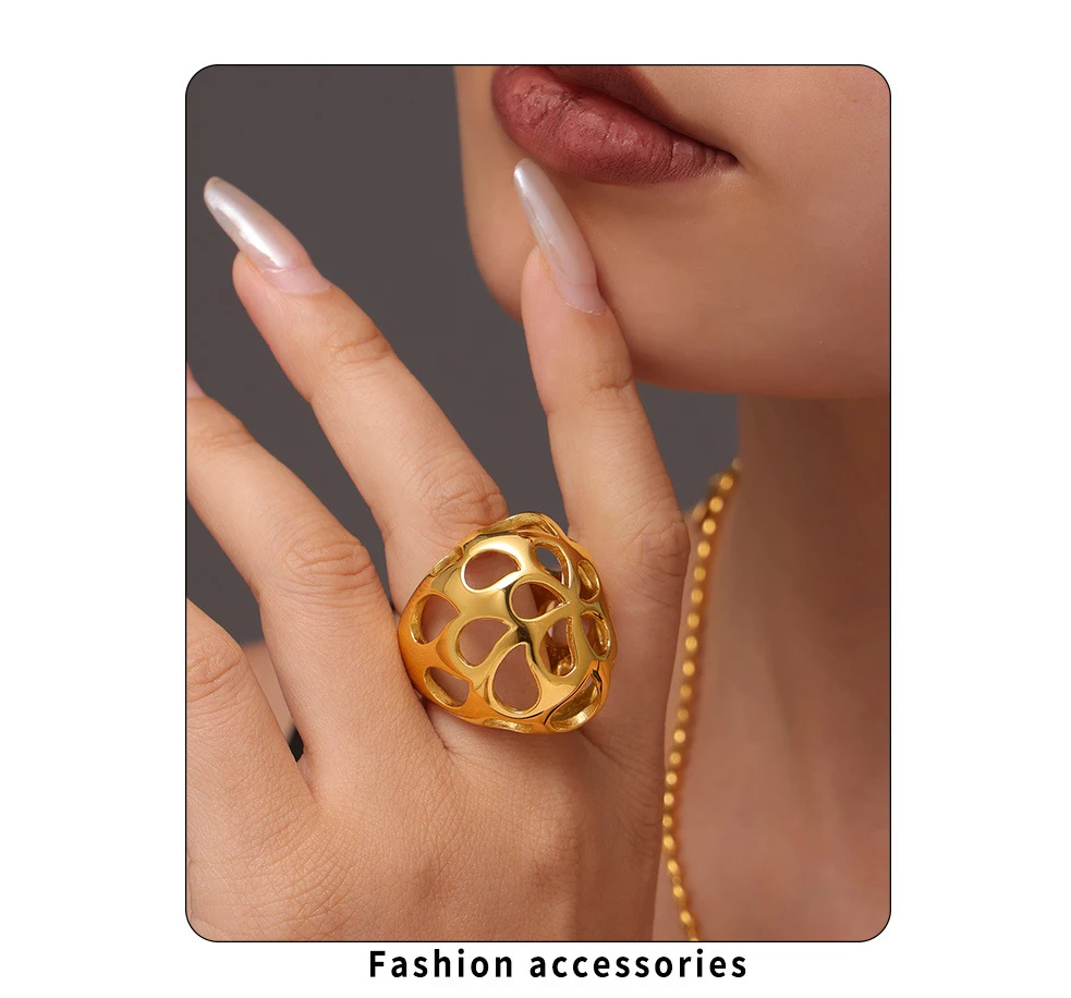 Einzigartiger ausgehöhlter Kugelring für Frauen, 18 Karat vergoldet, Übertreibung, Damen-Fingerringe aus Edelstahl, ästhetischer Damenschmuck – Detail 1