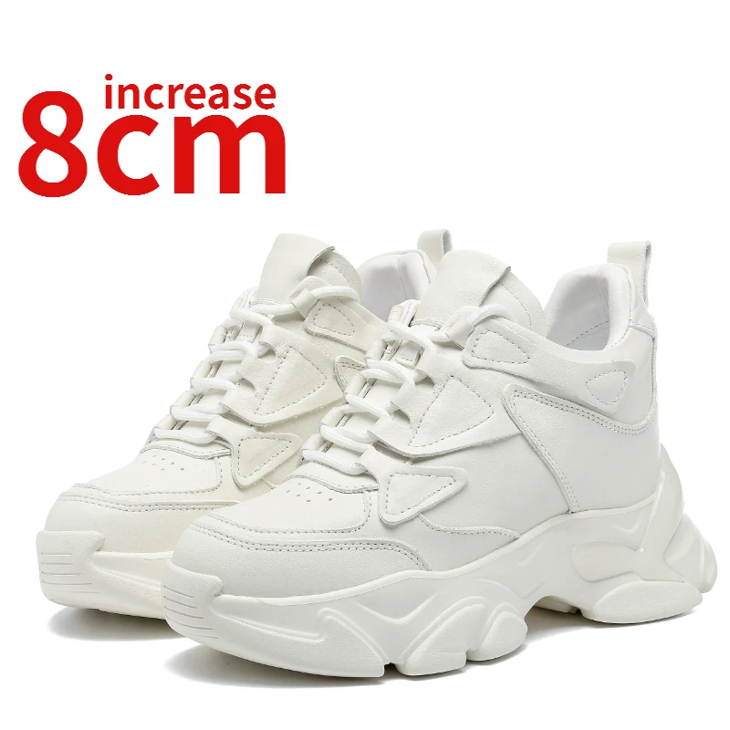 

Genuine Leather 8cm Inner Height Increase Dad's Shoes for Women's Versatile Sports Casual Shoes Fashionable Elevator White Shoes