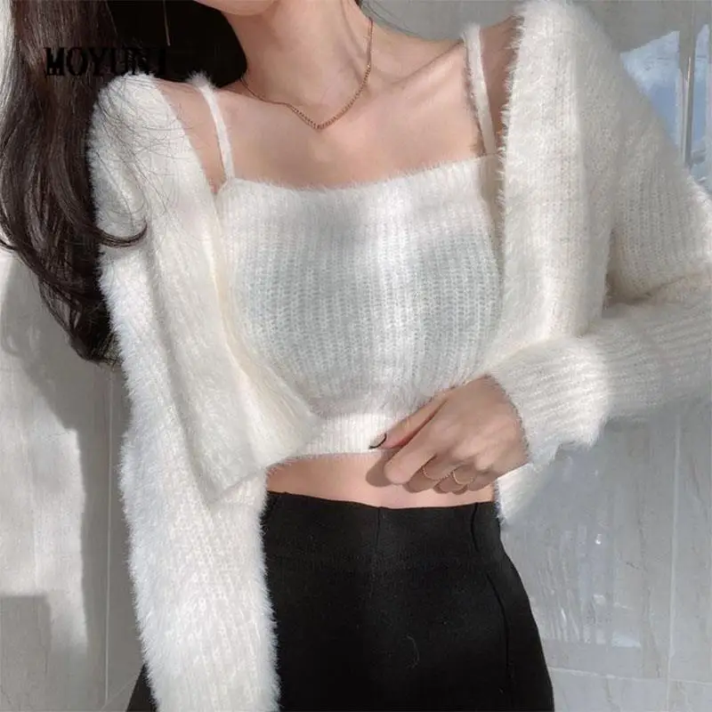 

Autumn Bottom Camisole Tops Crop V Long Sleeve White Mohair Cardigan Short Sweaters Solid Wild Fashion Casual Sets Knitwear