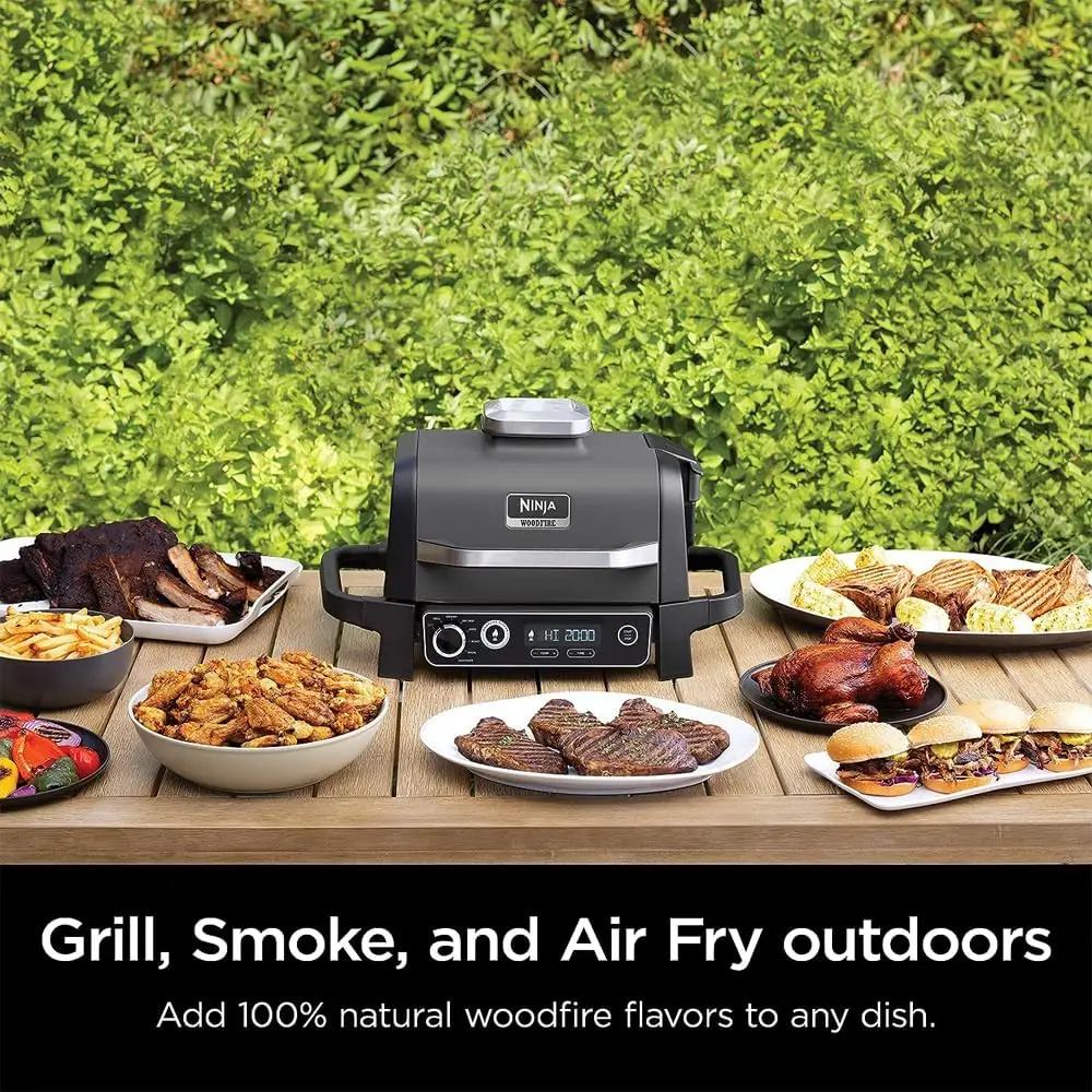Outdoor Grill & Smoker 7-in-1 Air Fryer Bake Roast Broil uses Woodfire Pellets(1 Pack Included) Portable, Electric,Grey(Renewed) 2