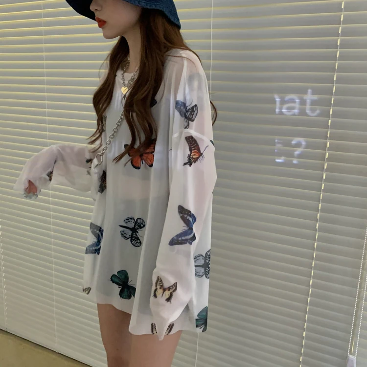 Boring Honey Women Summer Losses And Comfortable Beach Outing Long Style Butterfly Printing T-Shirt Woman Clothe Sunscreen Shirt summer beach maxi dresses