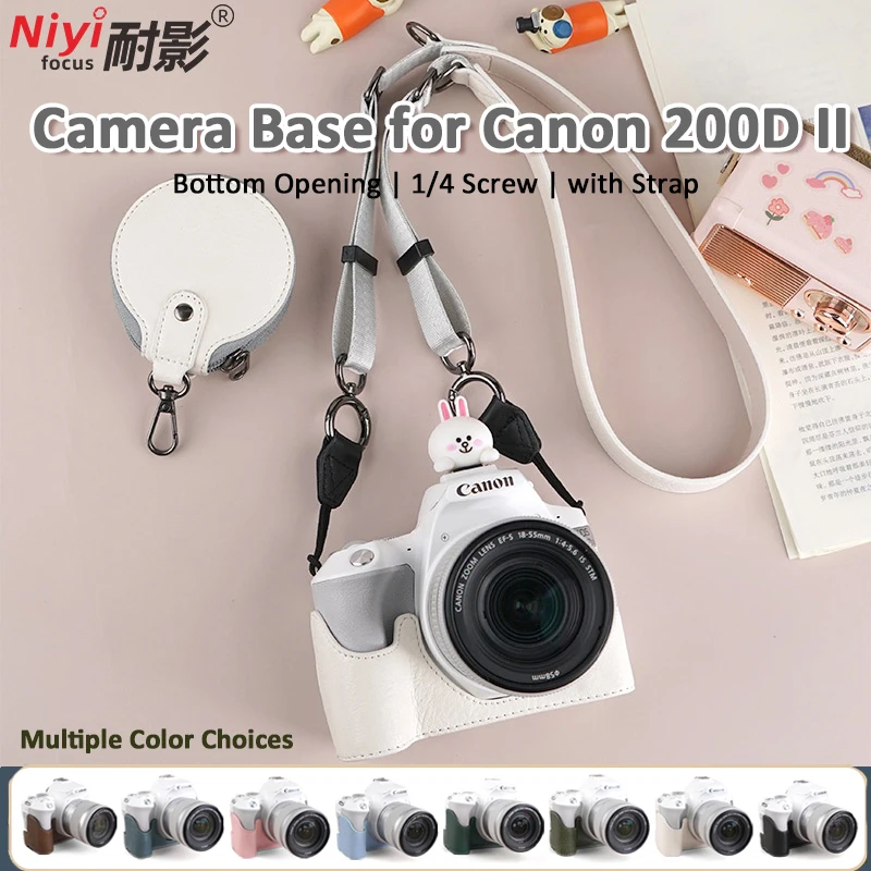 Camera Half Case Base for Canon 200DII 200D Mark II Leather Protector 1/4 Screw Camera Cover with Shoulder Neck Strap Film Glass