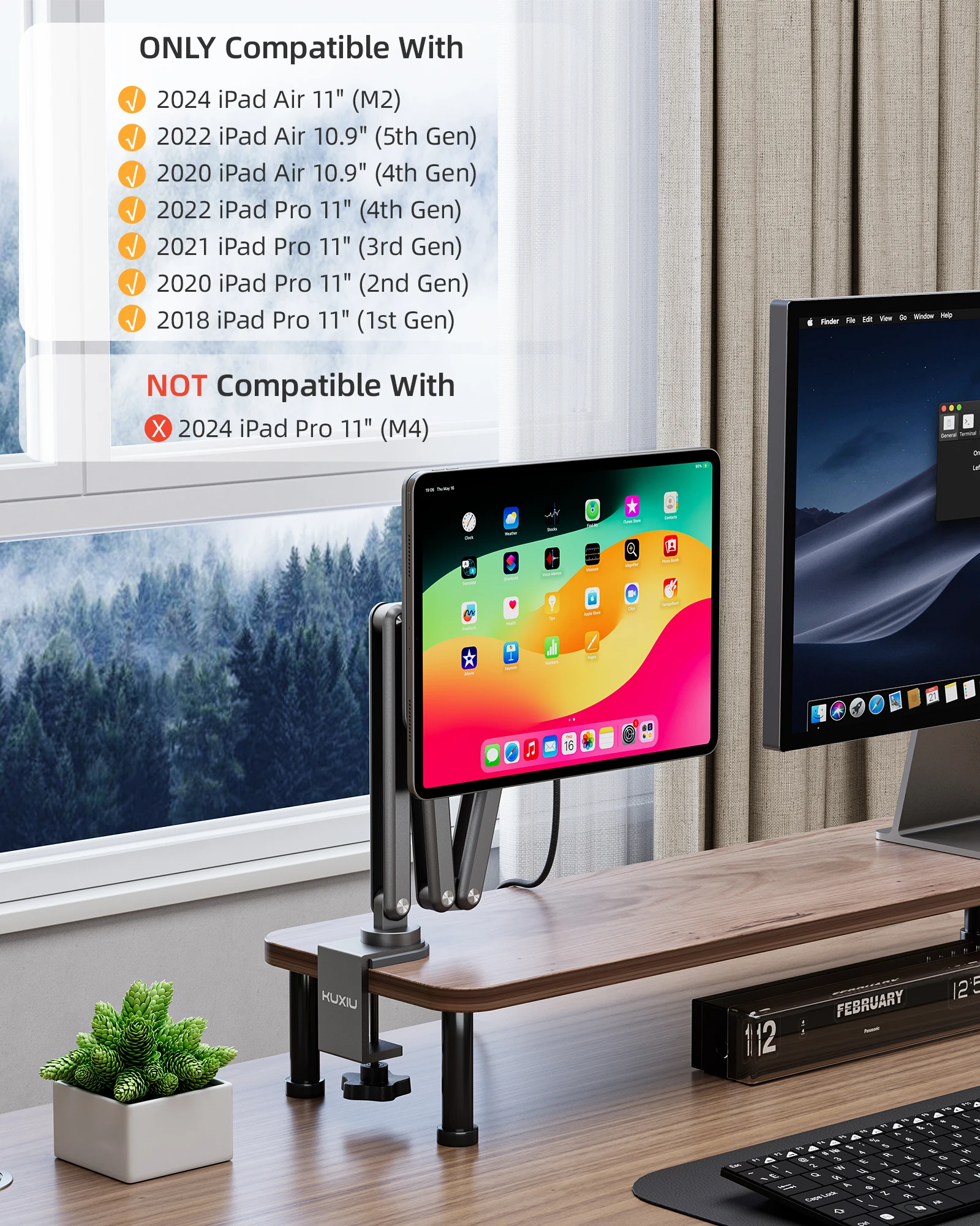 KU XIU Magnetic Wireless Charging Stand For IPad Pro 11" M4/M5 Only, Foldable Aluminum Alloy Tablet Holder Mount For Desk, 360° Adjustable Tablet Stand For IPad Pro 11 M4 [1M USB